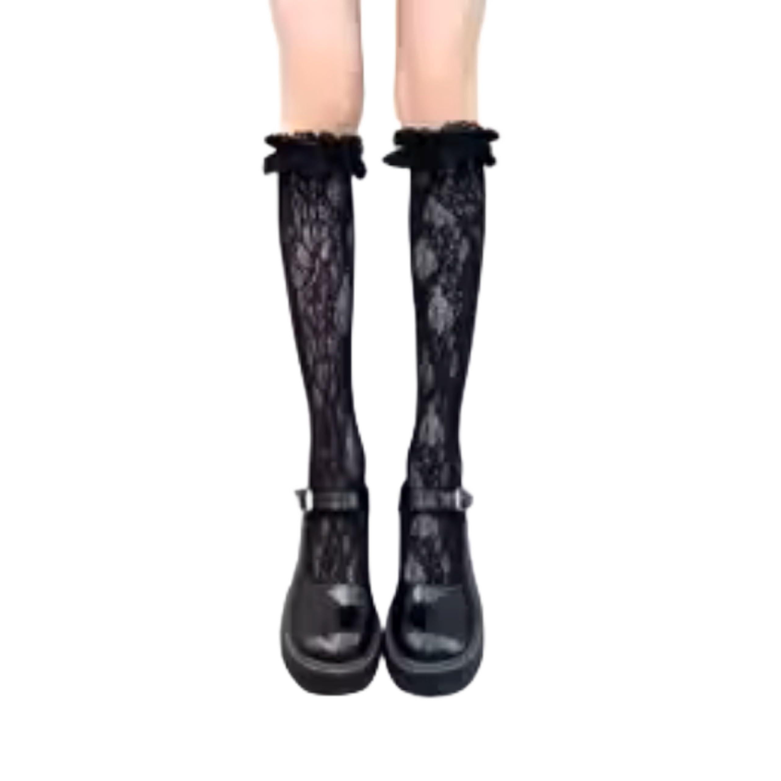 Women’s Lace Knee High Socks – Sheer Floral Ruffle Trim Long Stockings, Elegant Vintage Lolita Gothic Fashion Socks for Party, Cosplay & Special Occasions (Magnolia Black)-image-24