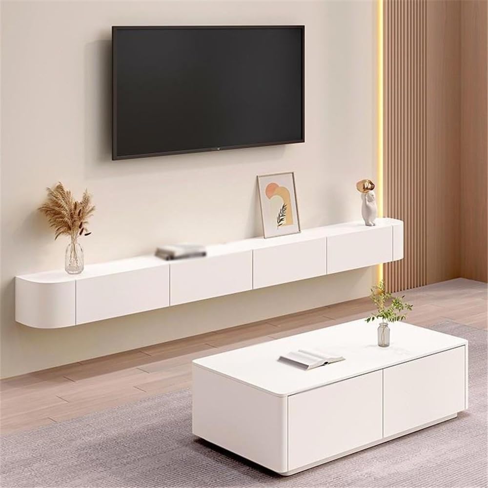 Szafka pod telewizor Zawieszona minimalistyczna szafka pod telewizor - wisząca jednostka pod telewizor - konsola multimedialna do centrum rozrywki Rozrywka TV(Biały,Średni)