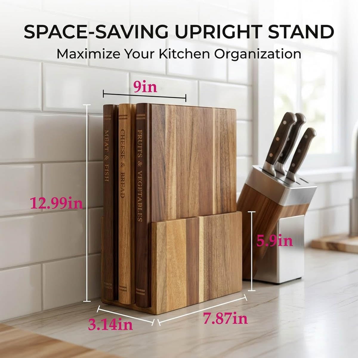 Large Wood Cutting Boards Set of 3 for Kitchen Meal Prep & Serving, Cutting Board That Looks like Books, Wooden Charcuterie Chopping Board with Holder Non Slip Decorative Kitchen Gift