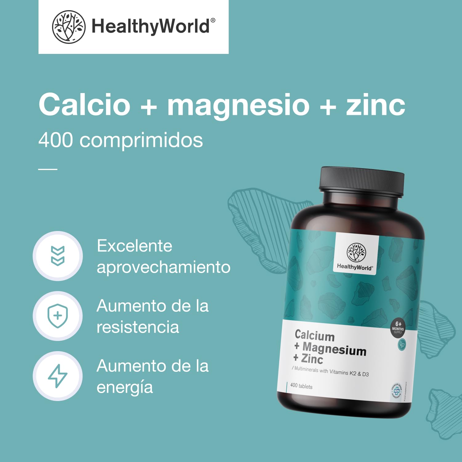HealthyWorld Calcio + magnesio + zinc – Complejo de 2 vitaminas y 7 minerales – 400 comprimidos – Vitaminas D3 y K2 – Favorece la vitalidad y la resistencia – Suministro para más de 6 meses