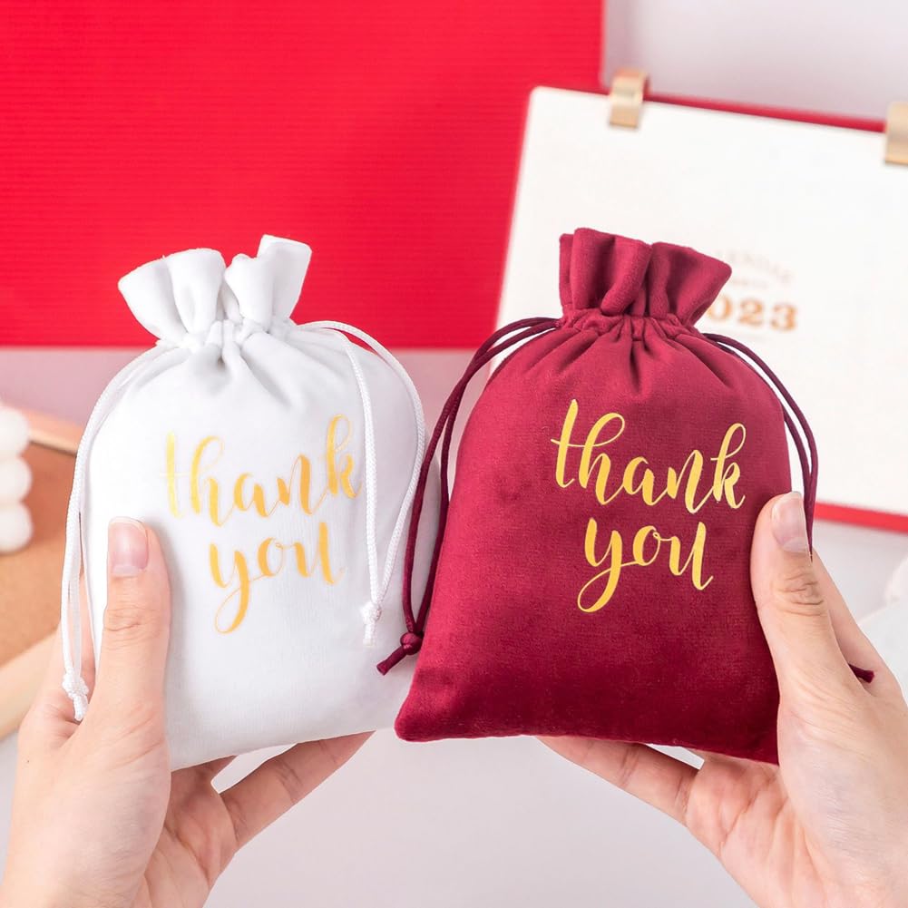 GreatRise 50 szt. aksamitnych woreczków 13 × 18 cm ze sznurkiem, z nadrukiem "Thank You", aksamitne woreczki prezentowe na Boże Narodzenie, dożynki, prezent, słodycze, biżuteria, różowe
