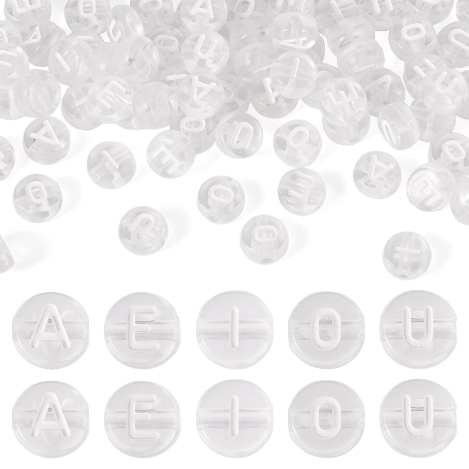 Craftdady 100pcs Acrylic Vowel Letter Beads 7mm Clear Flat Round Disc Alphabet Beads A/E/I/O/U Letter Bead Vowels for Friendship Bracelet Jewelry Making