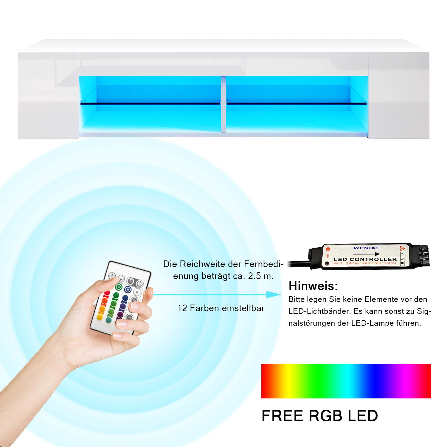 SONNI TV Schrank, Fernsehtisch, TV Lowboard Hochglanz, TV-Regal, 12-LED-Farben, Glasböden, Fehrnser Tisch 135 cm breit, 135x39x30cm, Weiß, GTV003W-WHITE-3.
