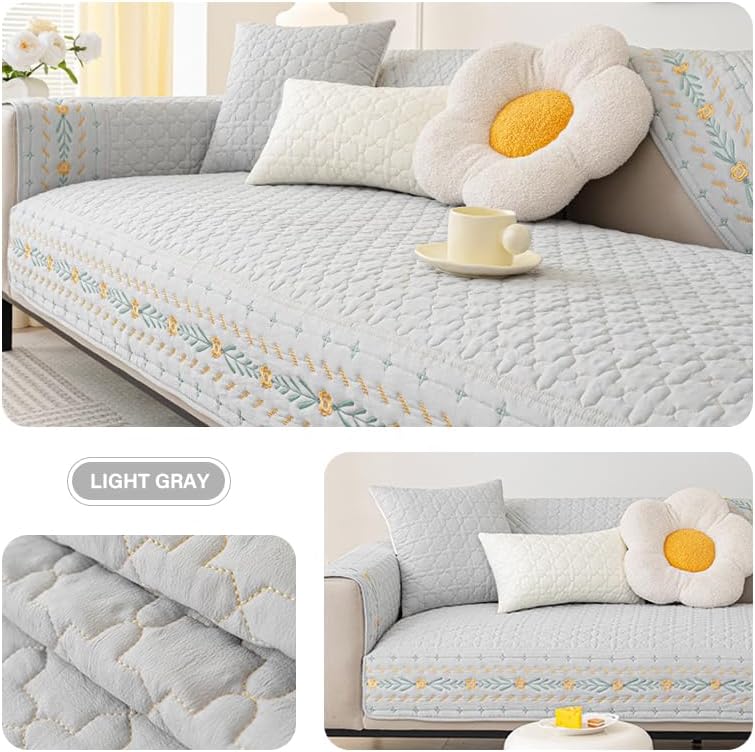 Miniatura 2 de KCCRHIN Funda de sofá de algodón lavado bordado suave y gruesa funda para sofá de 3 cojines en forma de L para sofá de cuatro estaciones, protector