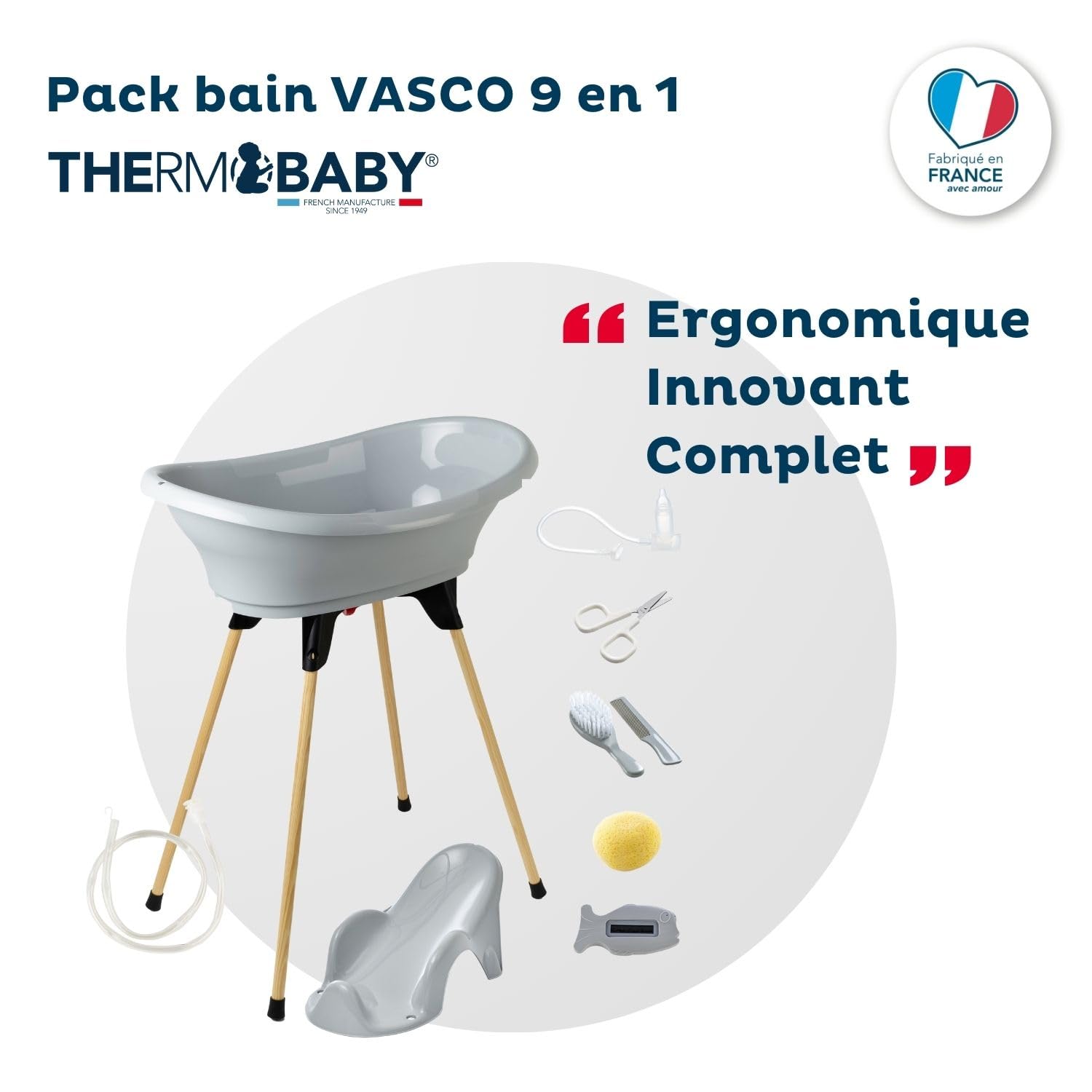 THERMOBABY - Zestaw do kąpieli dla niemowląt 9 w 1 szary - Wanna + składana nóżka + wąż spustowy + leżak do kąpieli + termometr + gąbka + szczotka i grzebień + nożyczki + mucha dla niemowląt -