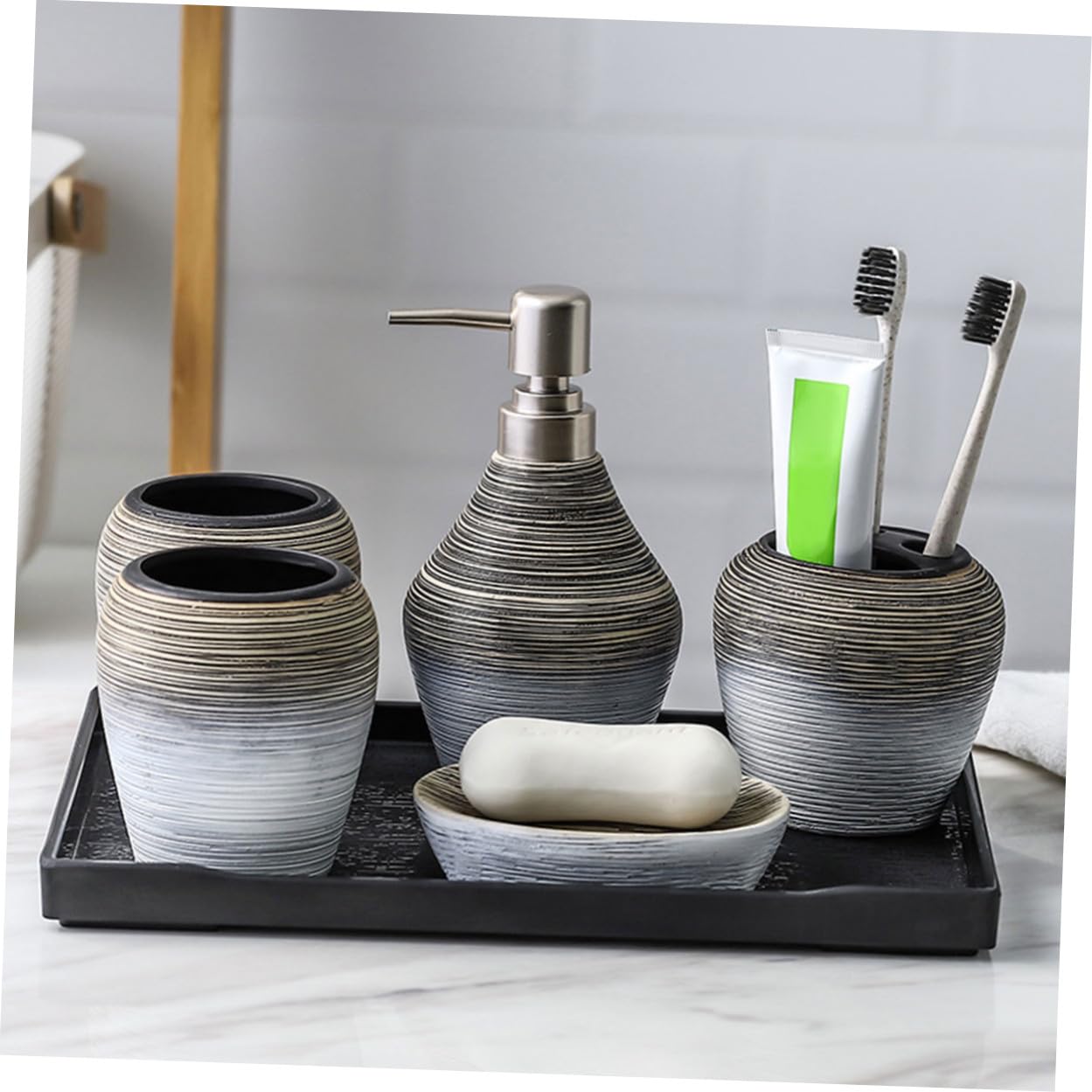 Ensemble de 5 Pièces en Céramique Légère pour Salle de Bain, Gobelet de Voyage et Porte-savonnette, Accessoire Pratique pour Brosses à Dents à Domicile Déplacement