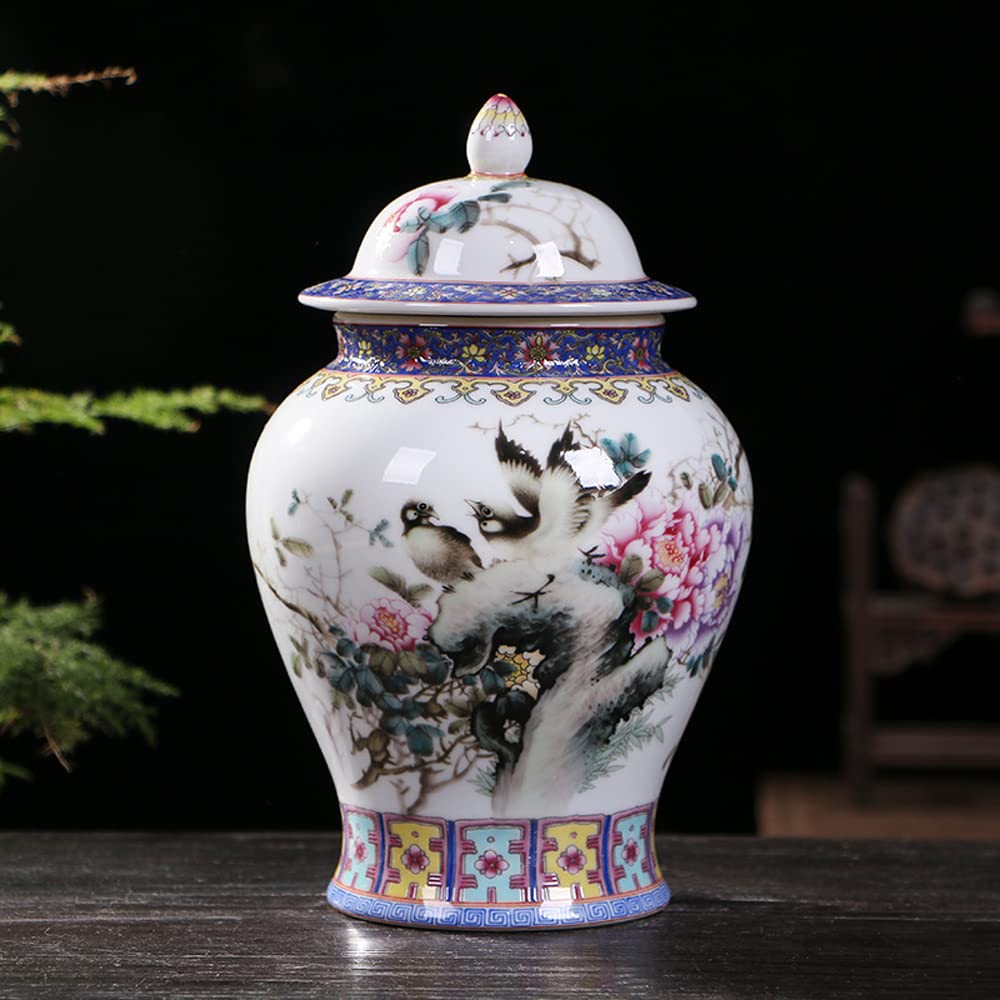 asdchZen Ceramic Ginger Jar With Lid For Home Decor,Traditional Chinese Flowers And Birdstemple Jar, Jingdezhen Handcrafted Porcelain Vase Centerpiece Decor Chinese Retro Porcelain Cer,C