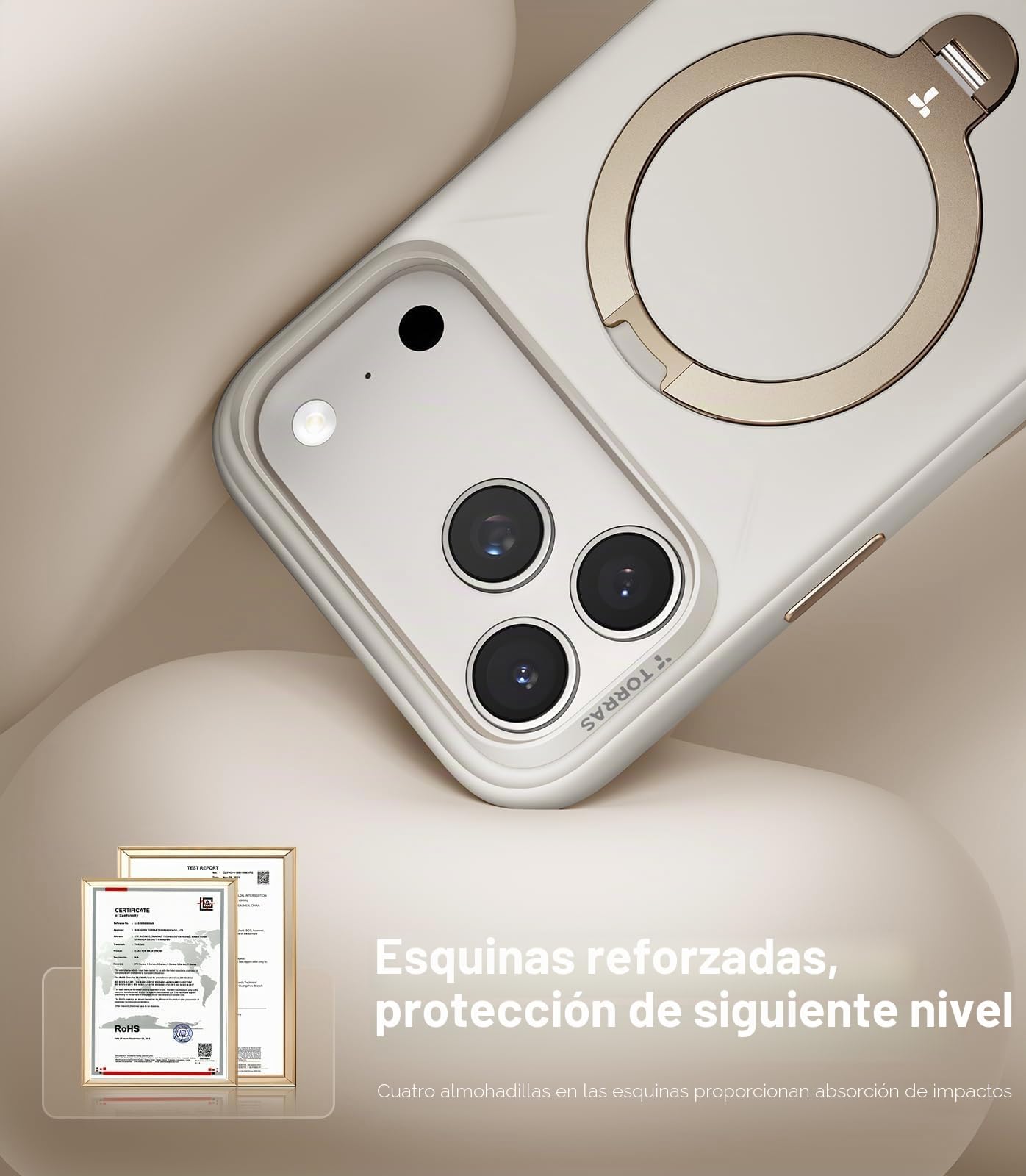 TORRAS Ostand Q3 - Carcasa de silicona para iPhone 17 Pro Max, color blanco | Soporte magnético de silicona líquida de 360°, protección contra caídas, protector de botón de cámara