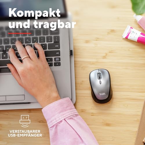 Trust Leise Funkmaus mit Batterie für Rechts- und Linkshänder, 800-1600 DPI, 83% Recyclingkunststoff, Verstaubarer USB Mikroempfänger, Kompakte Maus Kabellos für Laptop, PC, Mac - Schwarz – Bild 6