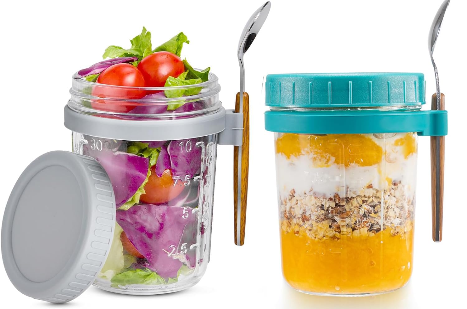 Premify2 Pack 350ml Overnight Oats Jars with Lids & Spoons, Reusable Glass Overnight Oats Container With Measurement Marks, Food Storage For Breakfast Pots, Oatmeal Container For Milk, Cereal, Fruit