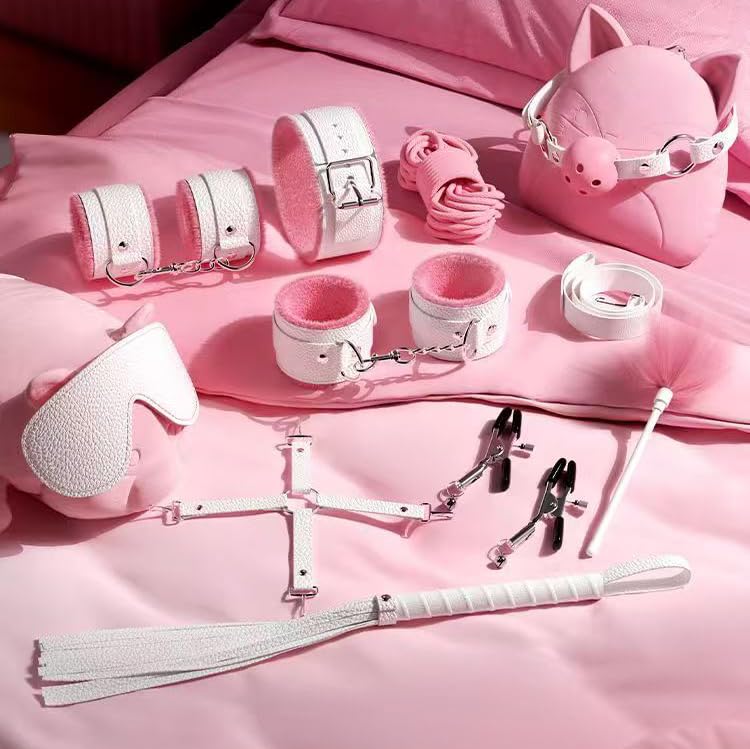 Image of BDSM Kit Restraints Toys Sex Bondage Cat Ears Butt Plug Tail Nipple Clamps Blindfold Handcuffs Collar Paddle Anal Butt Plug Sex Toys for Couple (White&Pink)