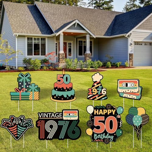 8Pcs 50th Birthday Yard Sign Decorations Vintage 1976 Lawn Sign Party Supplies Retro Styled Fifty Year Old Outdoor Garden Lawn Decor with Stakes for Men Women Home Birthday Party Outdoor Yard Decor