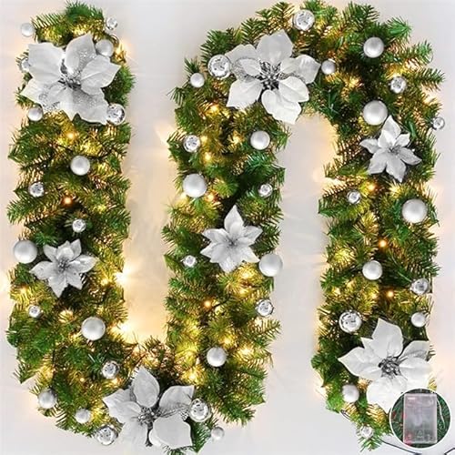MISHAER Kerstslingers 2,7 m versierde slinger, kerstslinger voor trappen open haarden bloemen kerstboom decoratie kerstornament binnen buiten (rood)