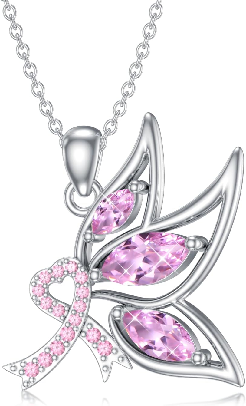 925 Sterling Silver Breast Cancer Awareness Necklace Butterfly/Dragonfly/Cross Pendant Necklace Pink Ribbon Necklace Breast Cancer Survivor Gifts for Women - Image 4