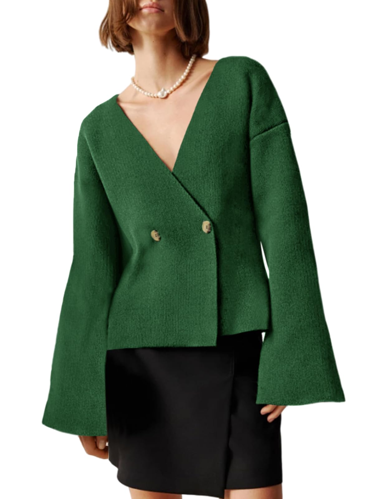 Lightweight Light Green V Neck Bell Sleeve Lace Up Midi Knit Cardigan