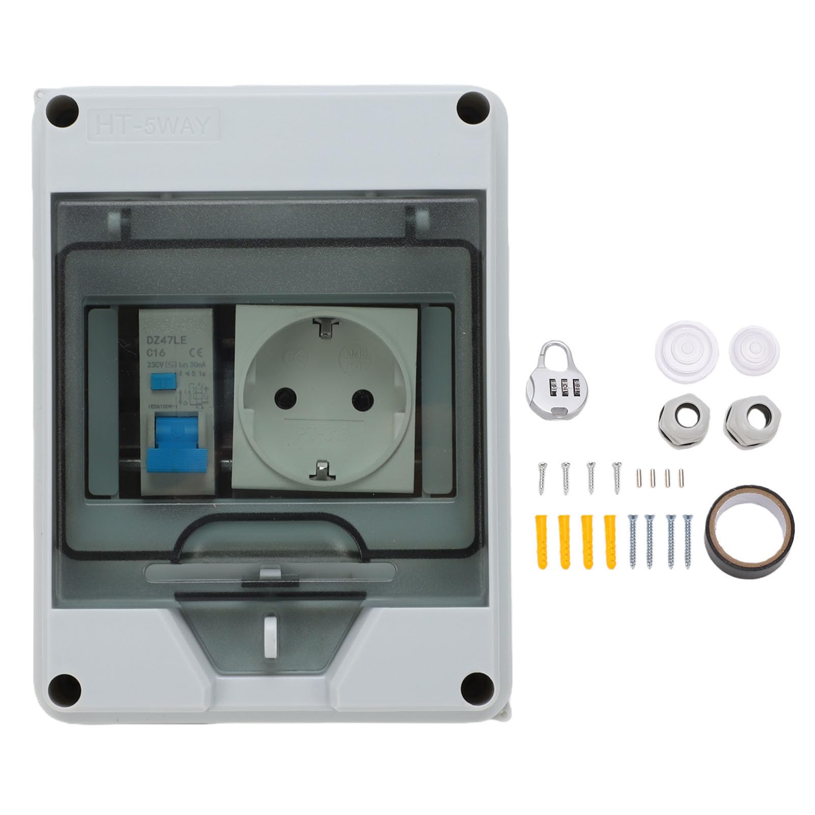 Eujgoov Caja de Distribución de Energía de Pared Montada en Superficie, 16A 1P+N Toma de Disyuntor IP65 Caja a Prueba de Agua, con Cubierta Transparente para Uso en Exteriores Sótanos