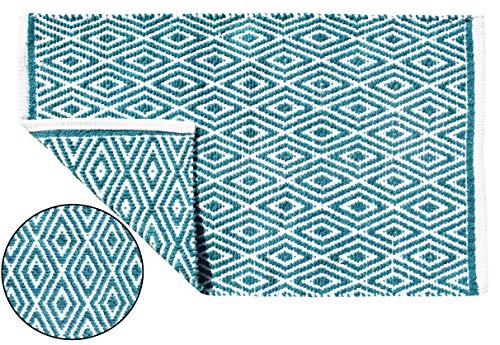 100% Cotton Diamond Rug 21x34 Hand Woven Reversible Washable Rug - Teal,Farmhouse Bathroom Rugs,Entry Rugs,Rugs for Living Room,Rag Rug,Kitchen Rug Cotton,Machine Washable Rug,Woven Rug