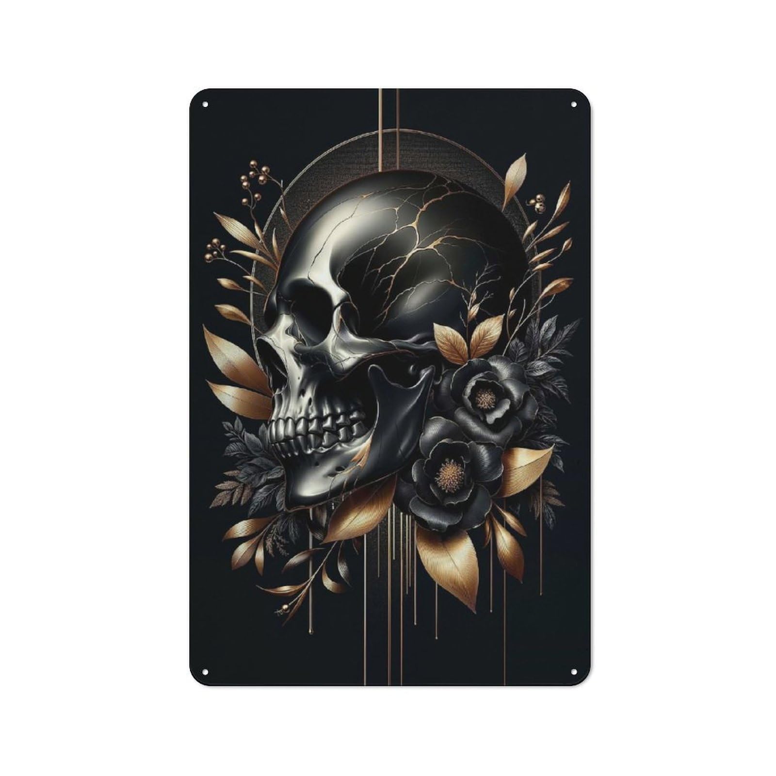 Junmoney Golden Skull And Florals Rustic Metal Plaque 30X20cm For Studio Or Craft Room, Suited To Craft Room Decorators