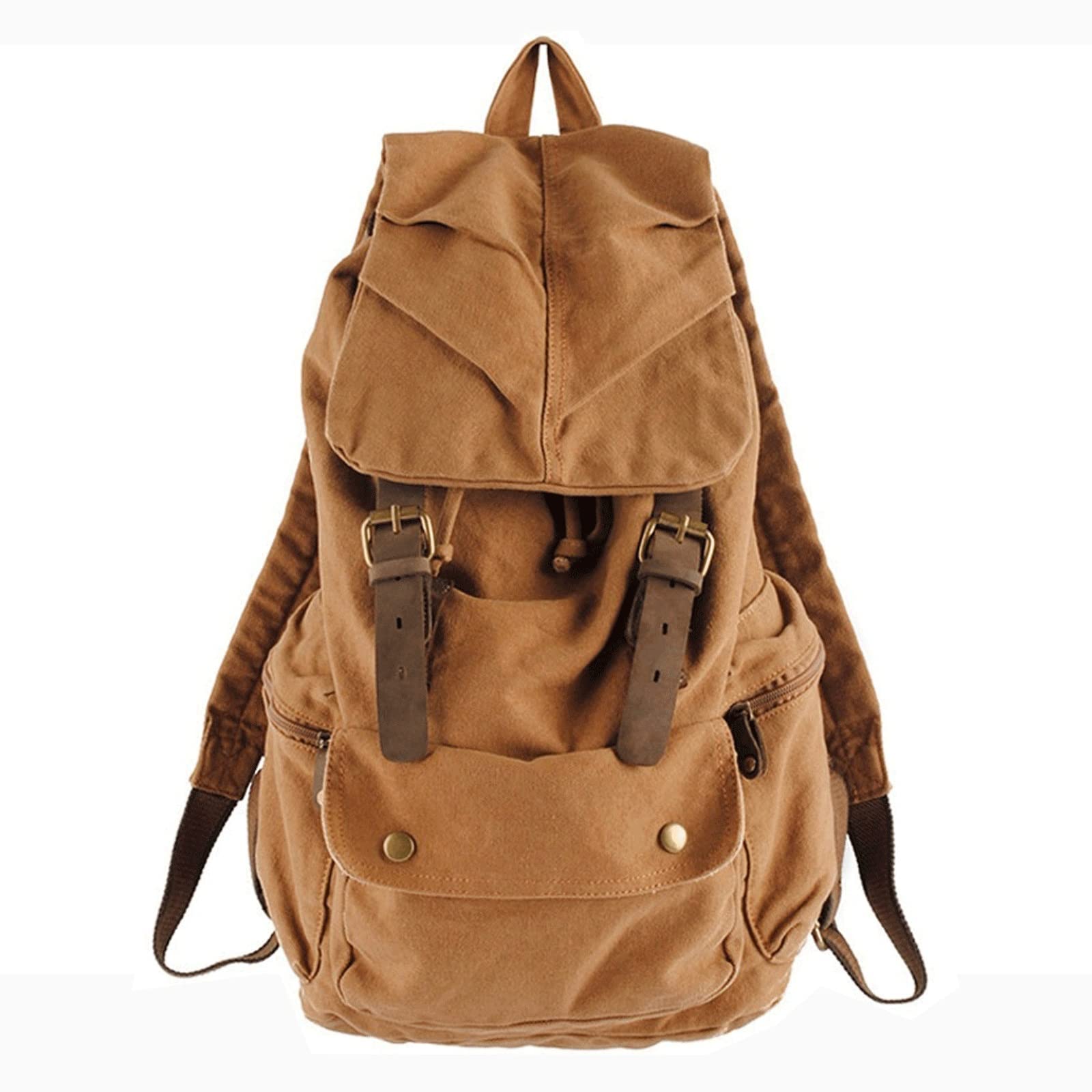 ANYHUG Medium Backpack Canvas Backpack, Leather Shoelace Schoolbag, Waterproof, Large Capacity