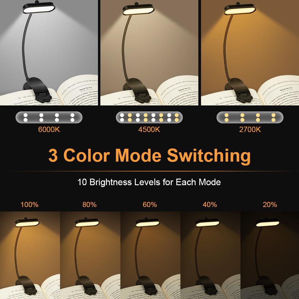 Lampe De Lecture, 9 LEDs Liseuse Lampe Clip USB Rechargeable, 360°cou Flexible, 3 Température - Lampe à Poser