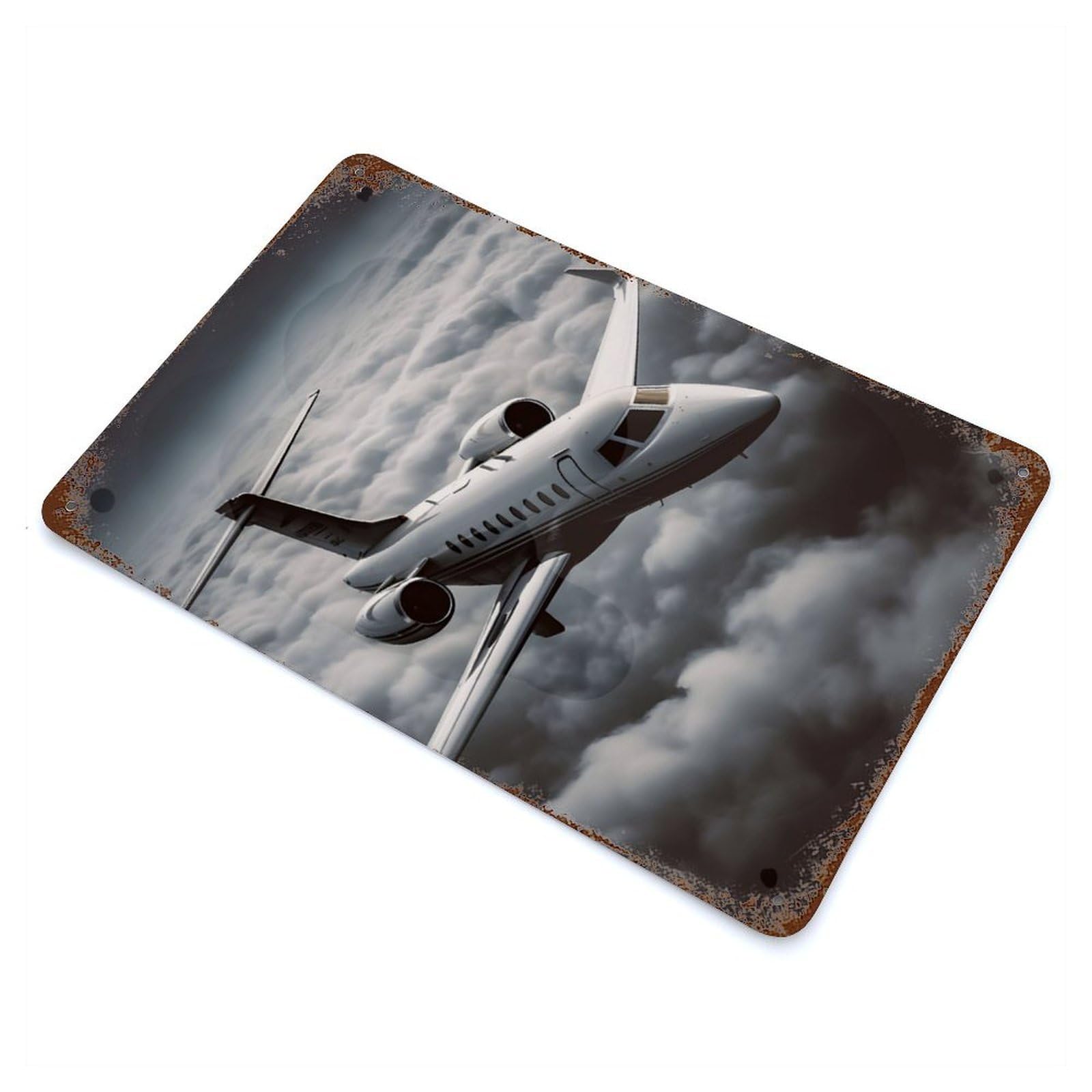 Rustic Tin Plaque with Private Jet Flying Design 11.8"x7.9", for Cafe, Home Bar And Lounge Decor, Industrial Home Decor