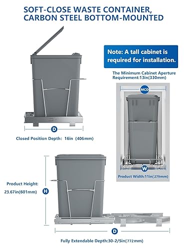 Miniatura 5 de Bote de basura extraíble de 50 cuartos con tapa debajo del gabinete, cubo de basura extraíble para debajo del fregadero con extensión completa de