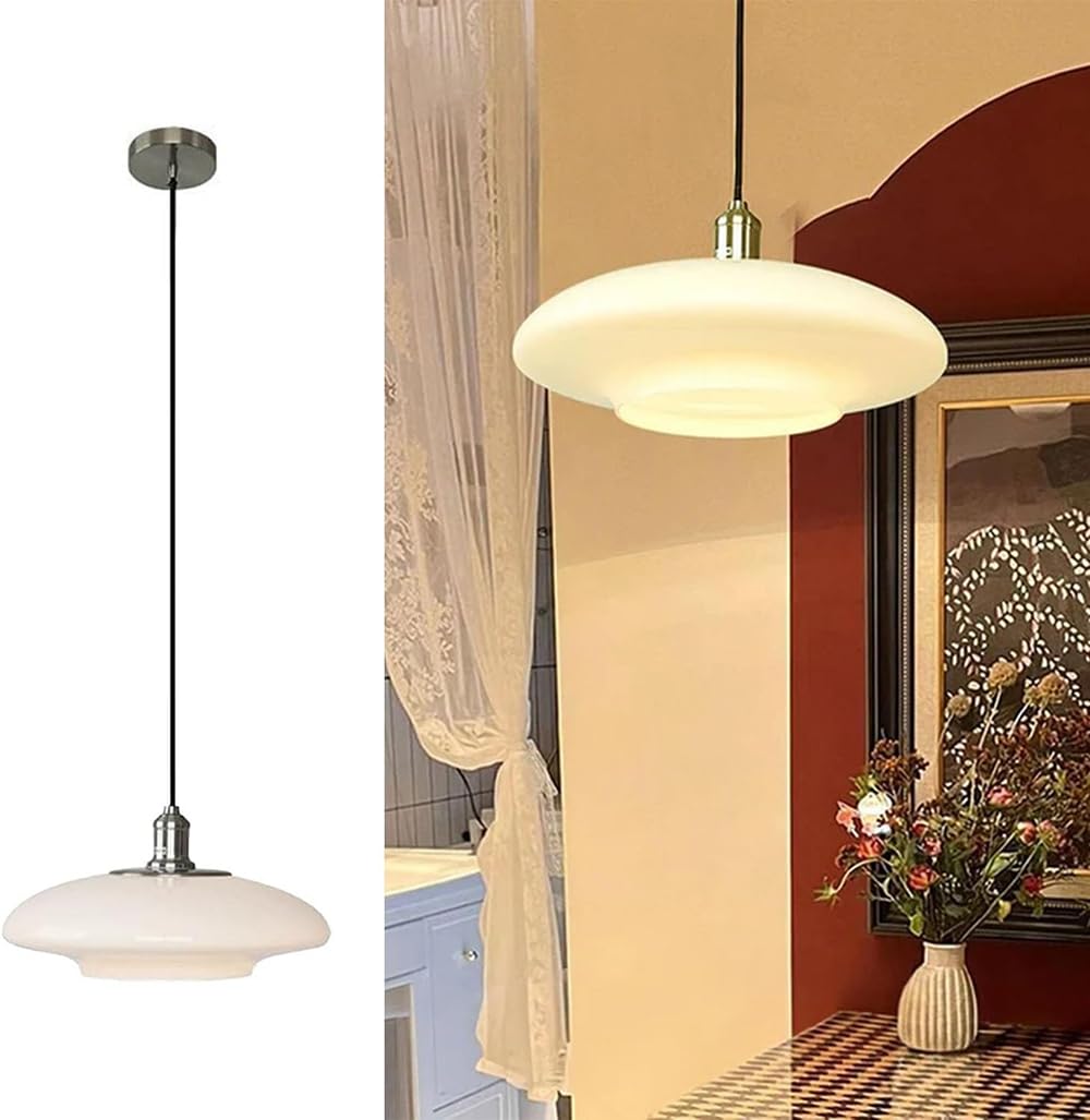LYMSXAZOU Mid Century Milk Glass Pendant Light Fixture - Height Adjustable Brushed Nickel Chandelier for Dining Room, Kitchen Island, Bedroom(12.61inch)
