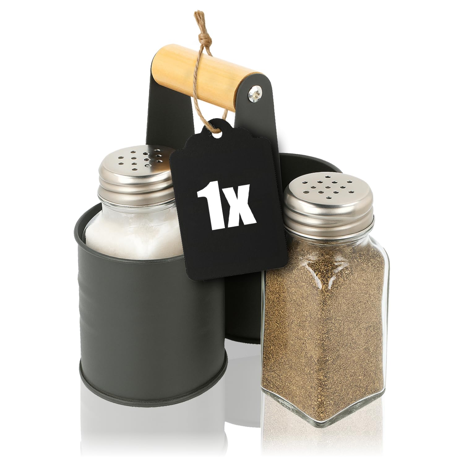com-four® 3-teiliges Gewürzstreuer Set aus Glas - Salz und Pfeffer mit passender Halterung aus Metall - Gewürzgläser mit Schraubdeckel für Küche und Gastronomie (01 Stück - Mit Halterung)