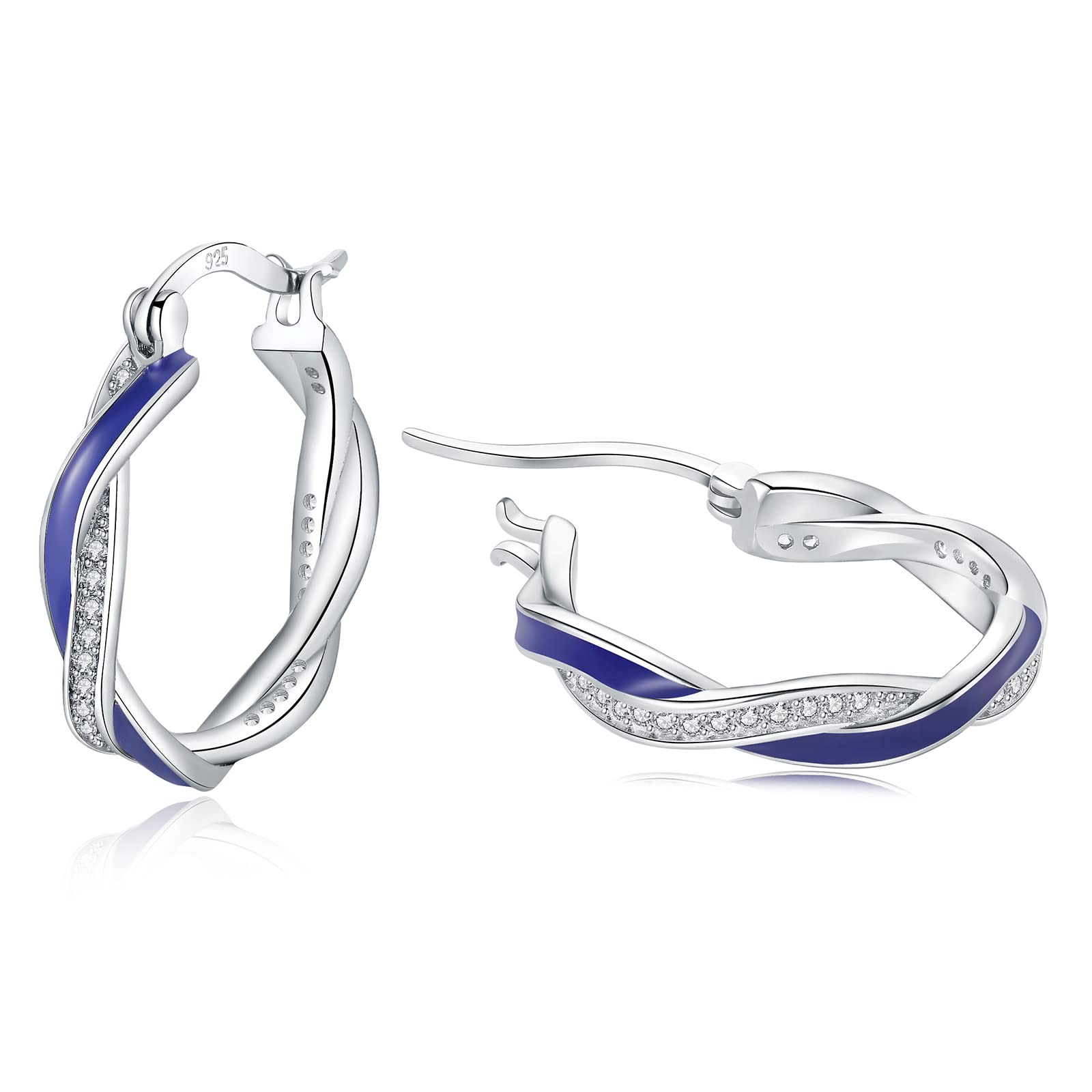 HEEYAHoop Earrings for Women,Sterling Silver Hoop Earrings-Huggies Sleeper Earrings,Cubic Zirconia Twist Earrings Women with Jewellery Box,Blue/Black/White,15/20mm, Cubic Zirconia Sterling Silver