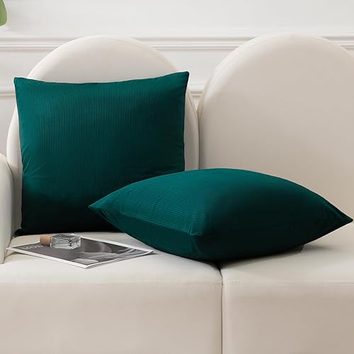 Miniatura 3 de JIAHANNHA Juego de 2 fundas de almohada de terciopelo verde azulado de 20 x 20 pulgadas, fundas de cojín cuadradas con diseño de rayas suaves y