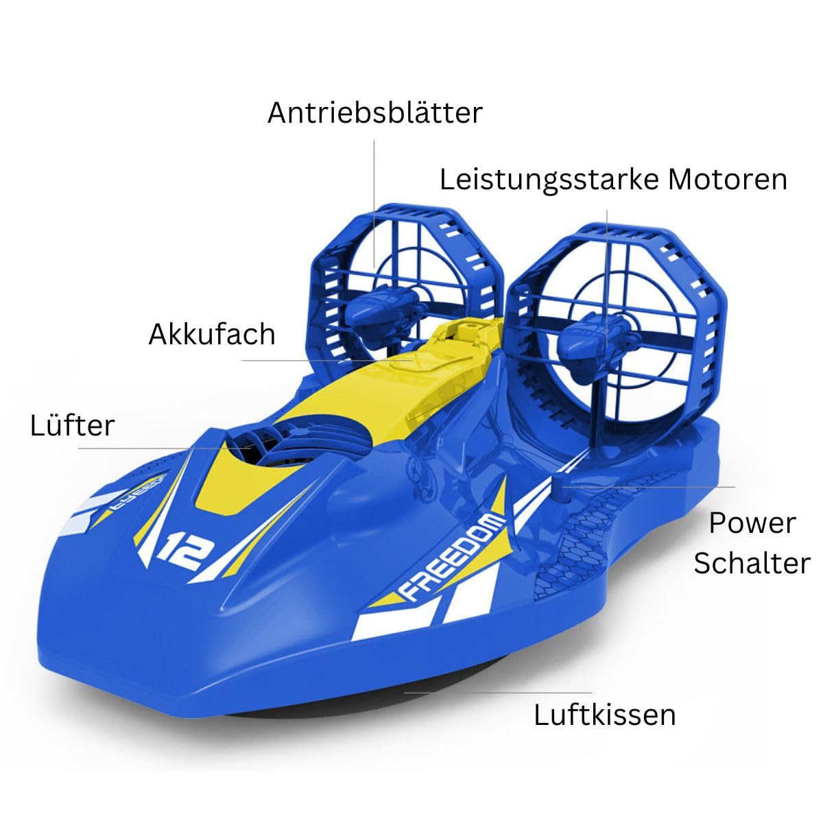 efaso RC Hovercraft A1 - Barco teledirigido (motor potente, impermeable para tierra y agua), aerodeslizador de alta velocidad teledirigido con largo tiempo de conducción a escala 1:10 RTR