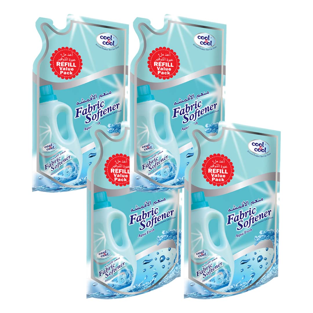 Cool & CoolAqua Fresh Fabric Softener 1 Liter Pouch (Pack of 4) - Long-Lasting Scent, Gentle Fabric Care, Laundry Essential
