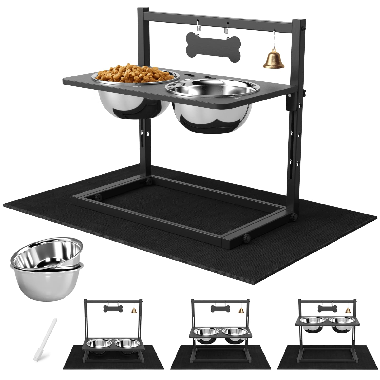 SHAINFUN Elevated Dog Bowls for Large Dog with Mat, Adjustable Height 4.3''-11.8'', Metal Raised Dog Bowl Stand, Two 1.7L Stainless Steel Dog Food & Water Bowls, Dog Bowls for Large, Medium Dogs.