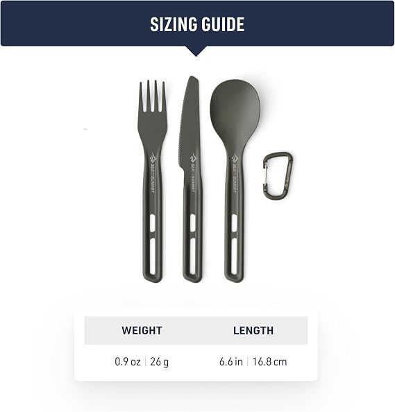 SEA TO SUMMIT - Frontier Ultralight Cutlery Set - 1 Person, 3 Piece - 1 Camping Fork, Spoon & Knife + Carabiner - Lightweight - Hard Anodised Aluminium Camping Dinnerware - Smooth Matte Finish - 26g