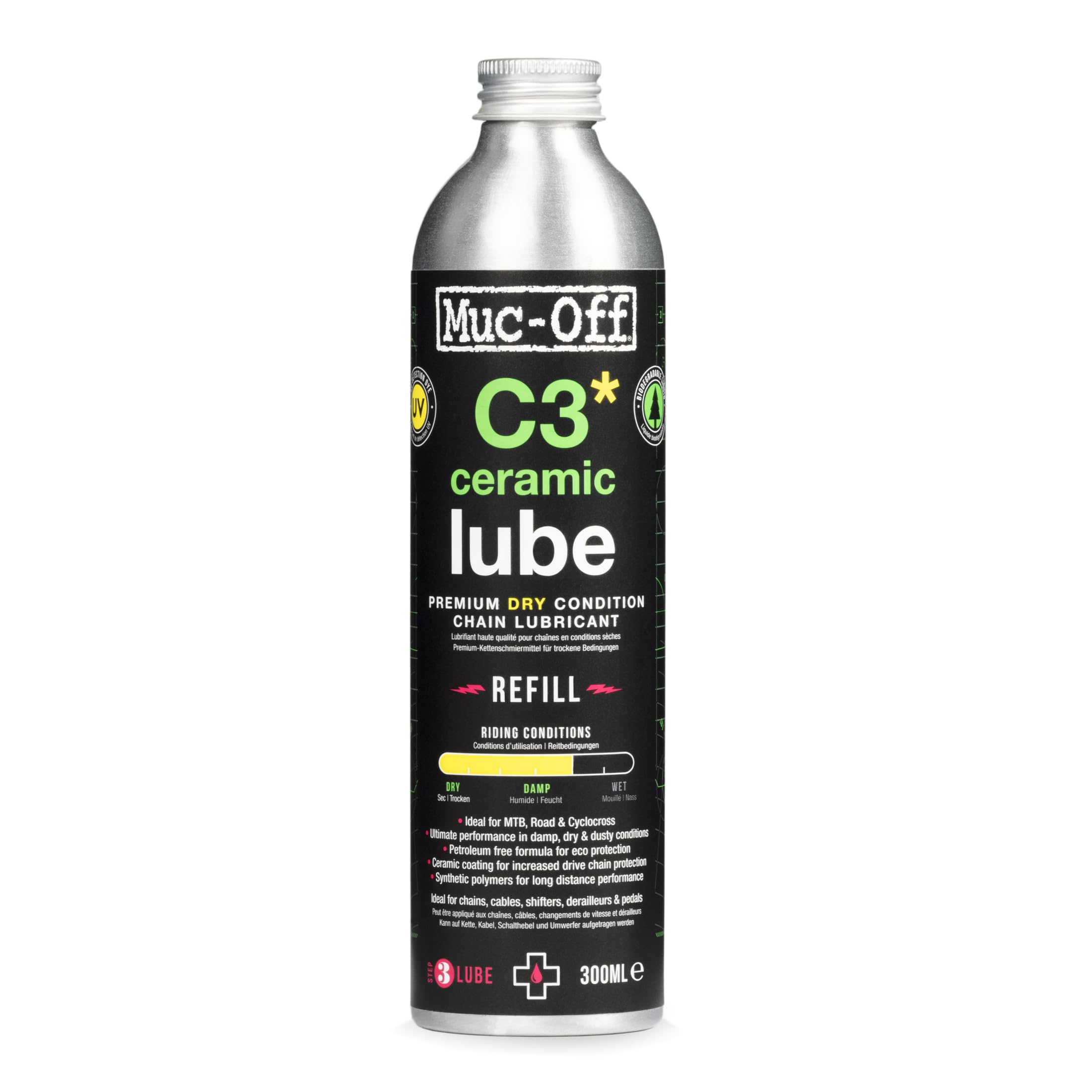 Muc-Off C3 Dry Weather Ceramic Lube - Ultra Durable Biodegradable Bike Chain Oil with Ceramic Coating and UV Dye - Reduces Friction for Road, Mountain Bike & Gravel - 300ml, Refill Bottle