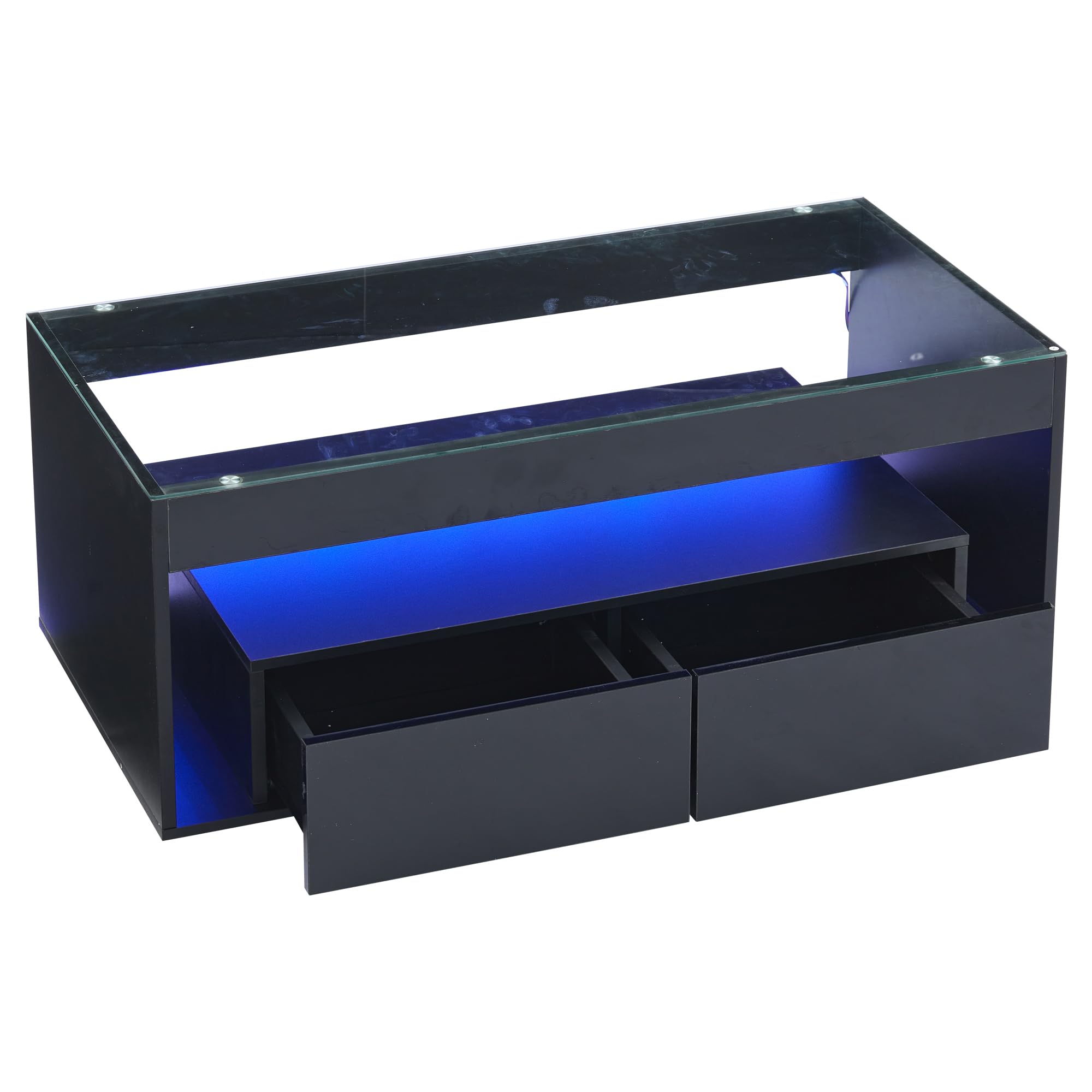 Merax Couchtisch in Hochglanz Schwarz, Moderner Wohnzimmertisch mit LED Beleuchtung, Kaffeetisch mit 2 Schubladen, Glastischplatte, Sofatisch Beistelltisch Teetisch, Rechteckiger Mitteltisch für Büro