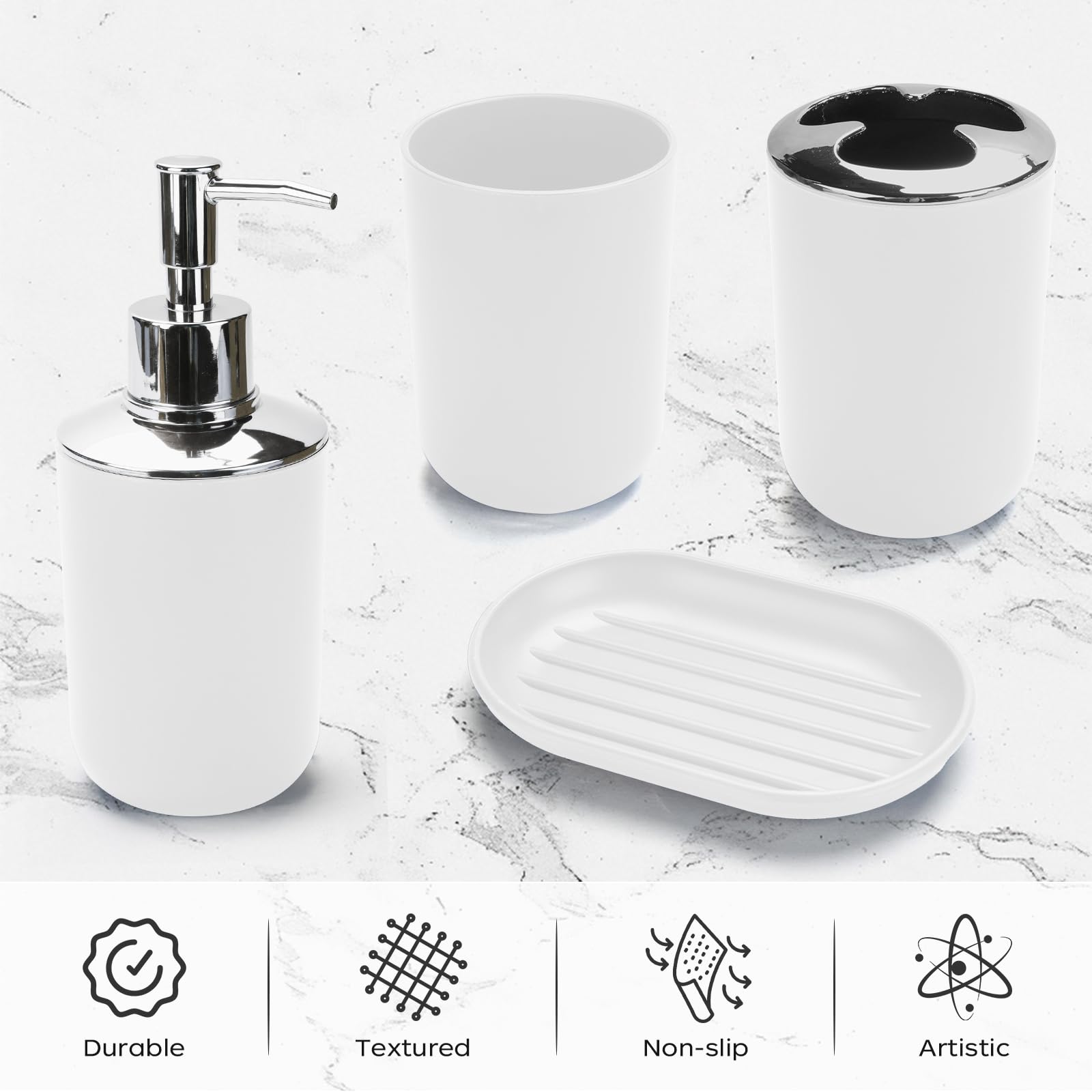 Juego de 4 accesorios de baño blancos, juego de soporte para cepillo de dientes de baño bohemio. Incluye dispensador de jabón, jabonera, soporte para cepillo de dientes, taza de enjuague bucal, juego