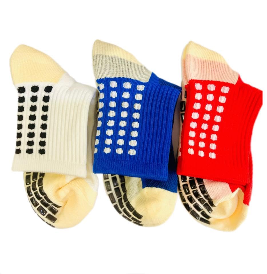 3 Pairs of White, Blue, Red Soccer Socks with Grip Pads – Anti-Slip Football & Basketball Athletic Socks for Men and Women