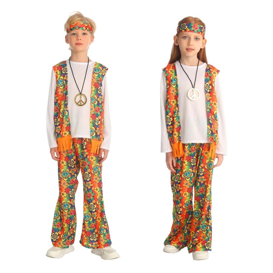 Lito Angels Hippie Costume for Kids 70s Peace & Love Fancy Dress Outfit with Necklace Headband Flared Trousers for Book Day Carnival Halloween Parade Retro Party Age 57 Years