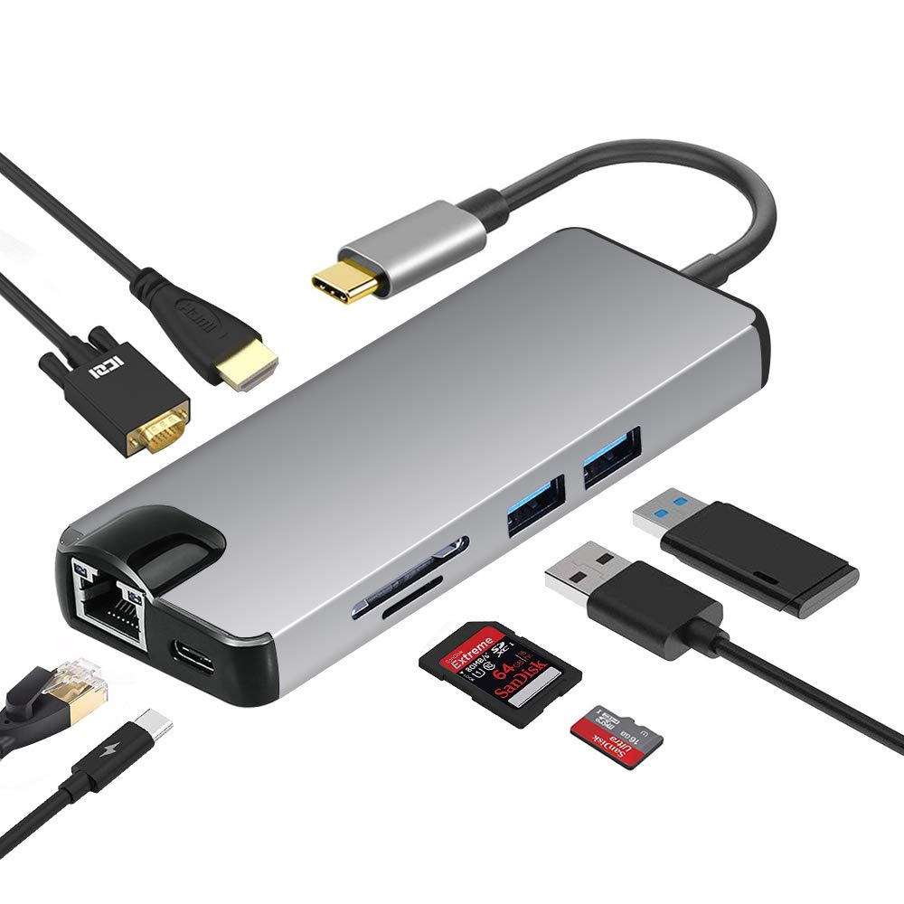 USB C Hub, iBosi Cheng 8 in 1 Thunderbolt 3 hub 1000M RJ45 Ethernet, 4K HDMI, VGA, USB 3.0 Ports, USB-C Power Delivery, Card Reader for MacBook Pro, and Other Type C Laptops (Grey)-image-15