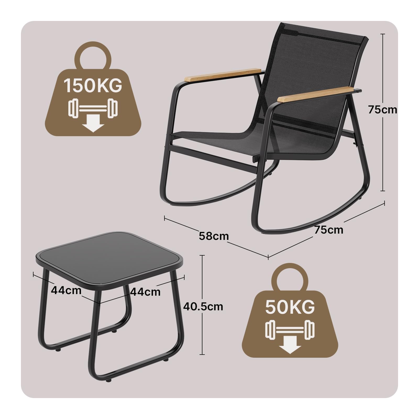 Xbro 3-teiliges Gartenmöbel Set mit 2 Schaukelstühlen und Glastisch, Balkonmöbel aus Teslin mit WPC Armlehnen, wetterfeste Outdoor Möbel für Balkon Terrasse Garten Hinterhof Poolbereich, Schwarz
