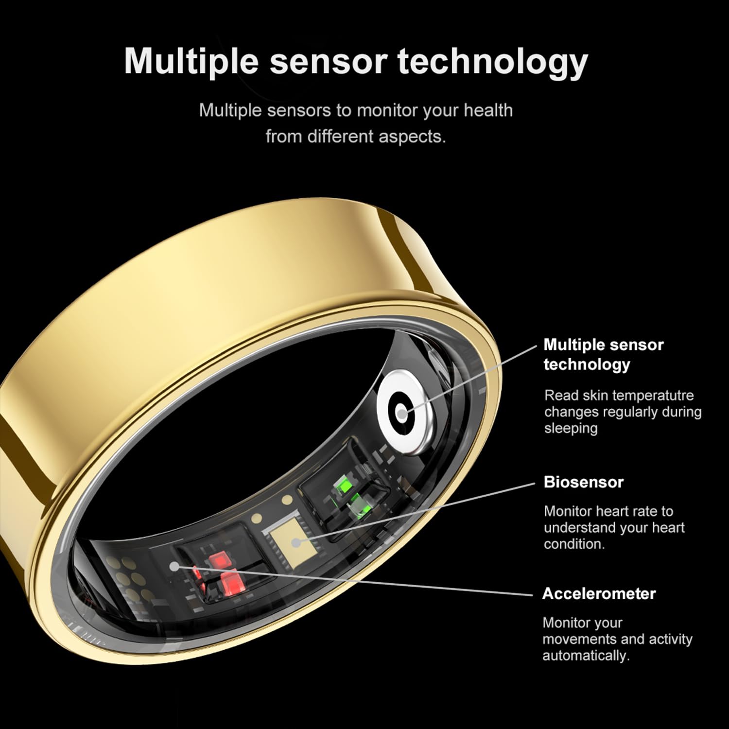 Anillo inteligente para mujeres y hombres, rastreador de sueño con monitoreo SPO₂/HRV, resistente al agua hasta 5 ATM, sin tarifa de suscripción, batería de 7 días para iOS y Android
