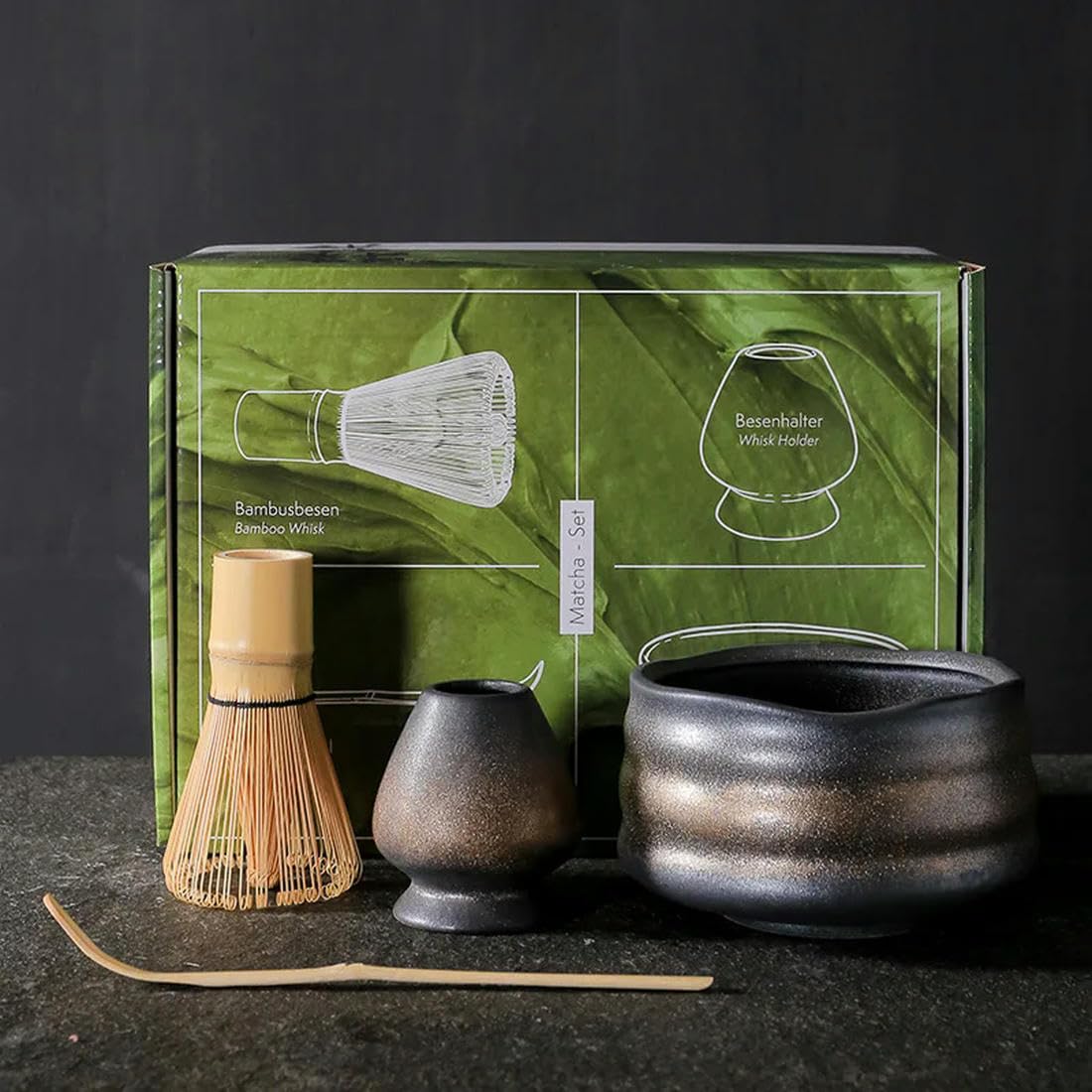 Lot 5 Accessoires Cérémonie Matcha – Fouet, Bol, Cuillère, Passoire, Porte-Cuillère – Kit Débutant Service Thé Japonais
