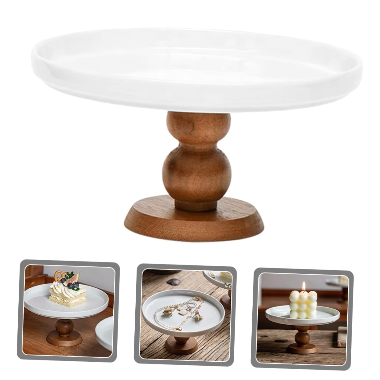 ABOOFAN Alzata per Dolci in Ceramica e Legno, Design Retrò Base Alta, per Torte, Cupcake e Dessert su Tavoli da Festa e Matrimonio