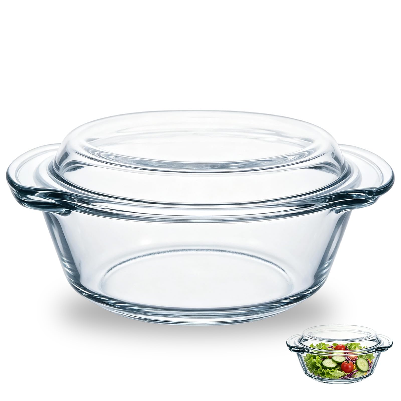 Double-ear Glass Bowl, 700ml, Oven Proof, Glass Cooking Pot with Lid, Shallow Casserole Dish, Oven Proof Baking Dish, Microwave Safe, 18 * 14 * 8cm