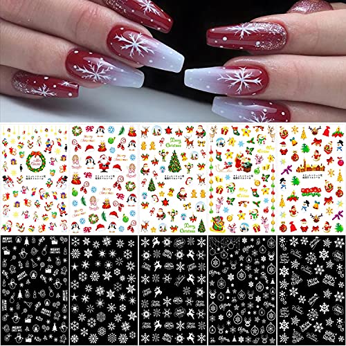 10 Sheets Christmas Nail Art Stickers 3D Snowflake Nail Decals Xmas Nails Self-Adhesive Stickers Winter Snowflakes Santa Claus Deer Snowman Nail Sticker for Women Girls Kids Nail Design Decoration