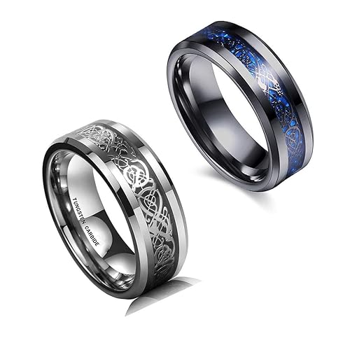 Neelam Creation 2 Pcs Combo Dragon Celtic Inlay Polish Finish Titanium Steel Black/Blue Rings for Men & Boys
