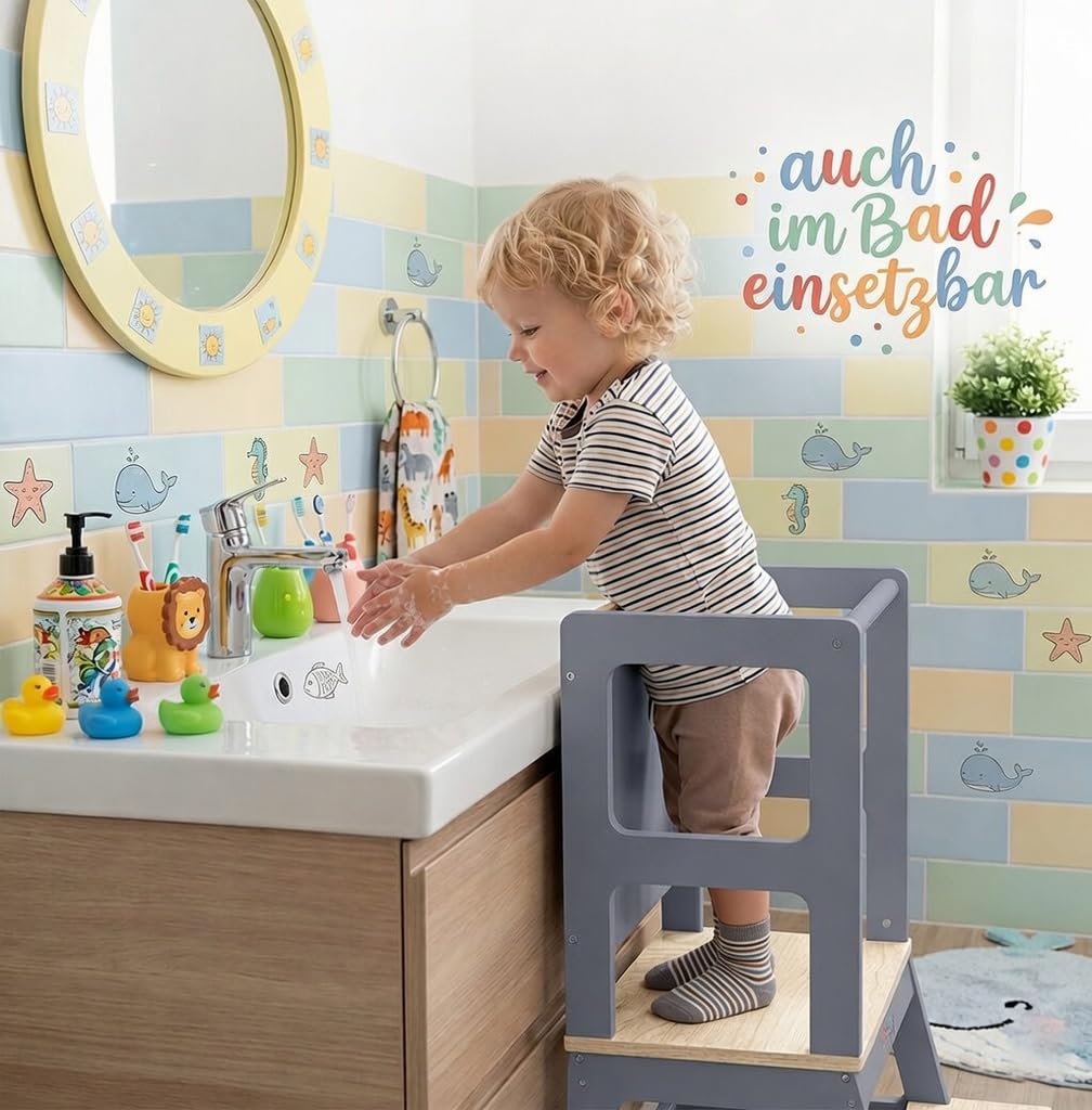 Baby Vivo Lernturm aus Holz - Tower Küche Kindermöbel Learning Tower - Schemel Lerntower für Kinder ab dem Stehalter - Tritthocker mit Tafel Montessori Küchenhelfer Lernstuhl in Grau