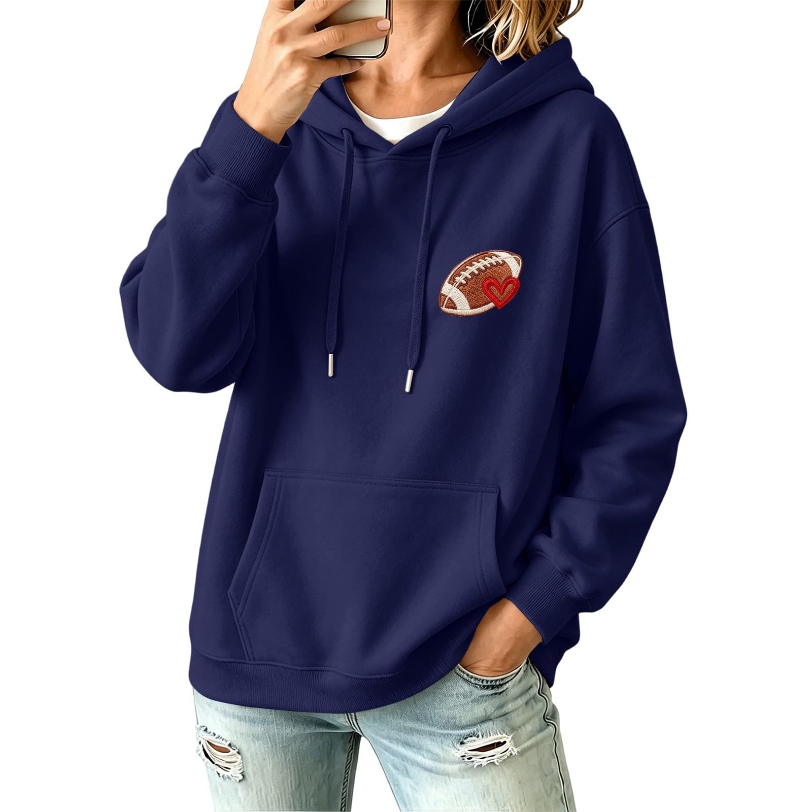 Generisch Pull à capuche à motif losanges pour femme avec broderie - Sweat à capuche décontracté à manches longues pour fans de football