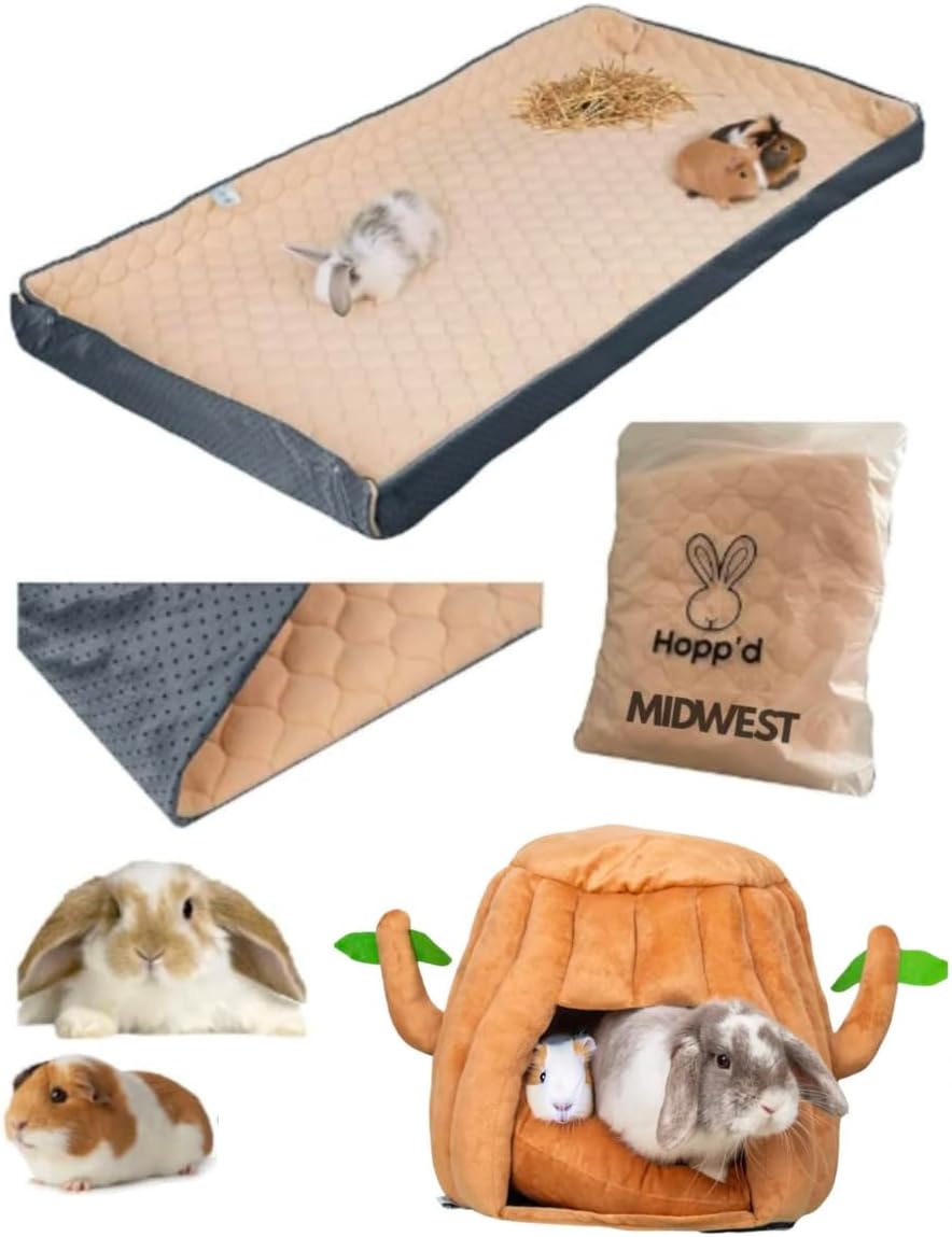Hopp'd™ Guinea Pig Comfort Bundle | Premium Midnight Blue Fleece Cage Liner + Cozy Hideout Bed | Waterproof, Odor-Control, Anti-Slip, Chew-Proof | Perfect for Rabbits, Guinea Pigs & Small Pets